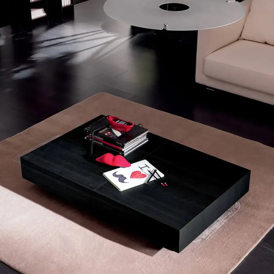 Elegant Ozzio Italia Box transformable coffee to dining table in glossy black with a metal base and telescopic extension mechanism