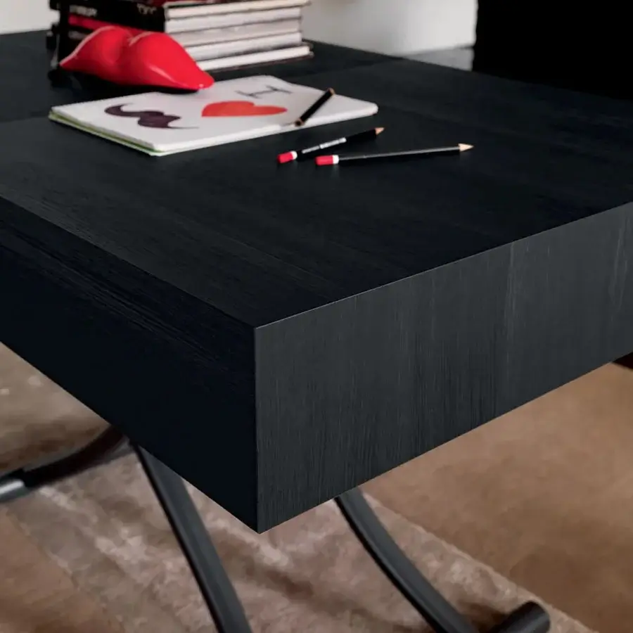 Distinctive Ozzio Italia Box transformable coffee to dining table with metal base and matte black wooden top