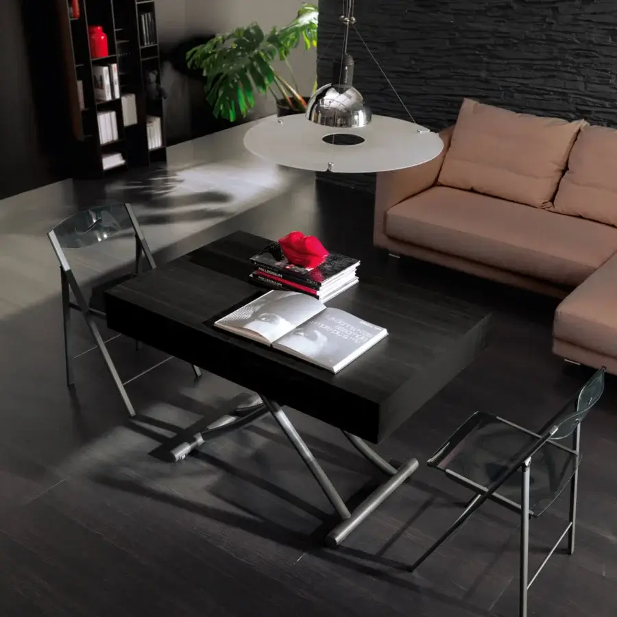 Superior Ozzio Italia Box transformable coffee to dining table with dark-toned wood and satin-finished metal legs