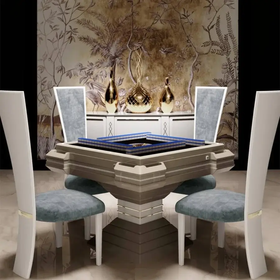 Distinguished Vismara Ming Mahjong table crafted in light beige lacquer with dark brown accents and a blue velvet playing surface