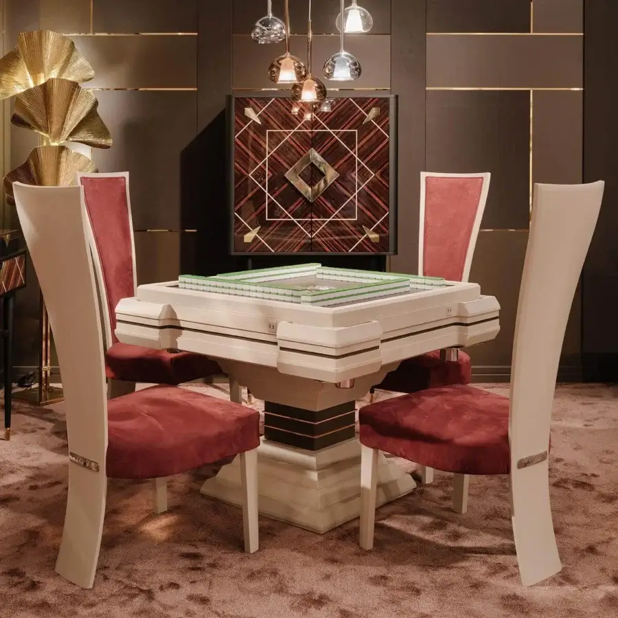 Innovative Vismara Ming Mahjong table built in off-white lacquer with velvet cloth, showcasing tiered edging and integrated USB ports