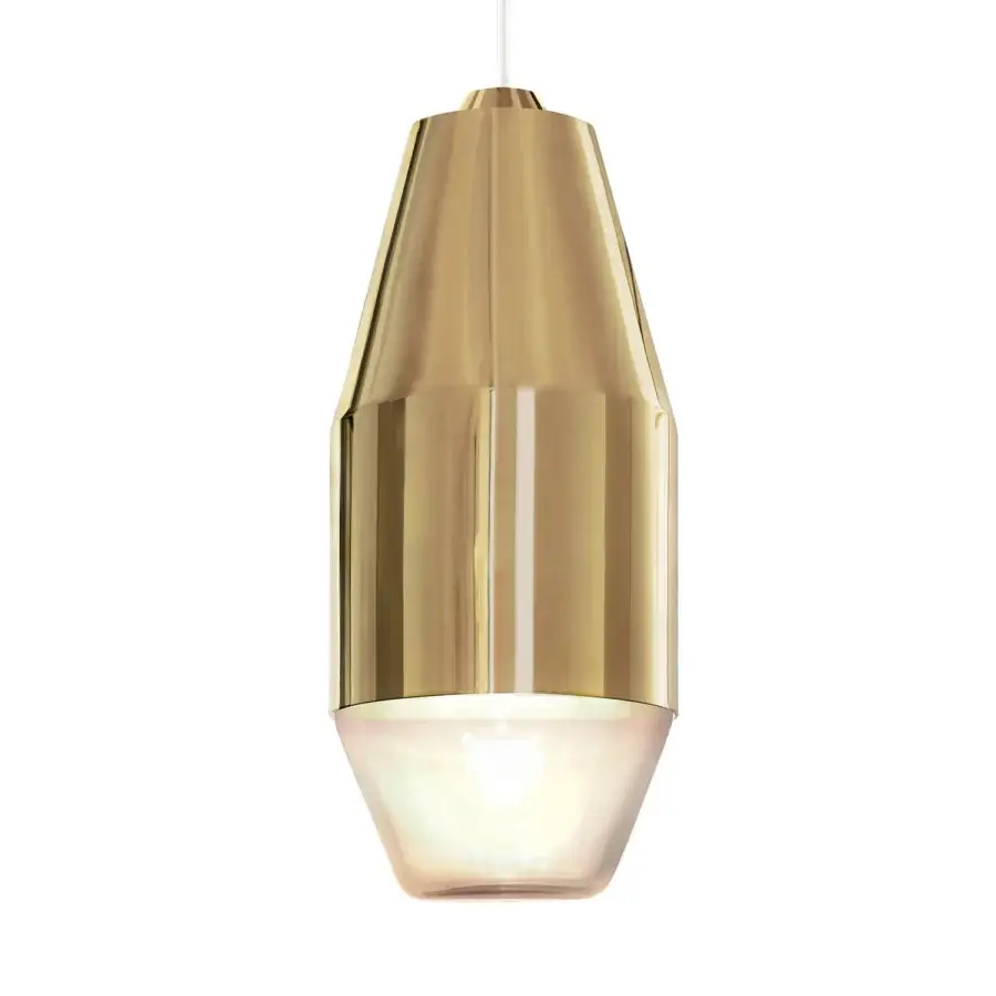 Distinguished Kundalini Yuma suspension lamp with spun metal reflector and translucent blown glass diffuser in polished brass with a high-gloss finish
