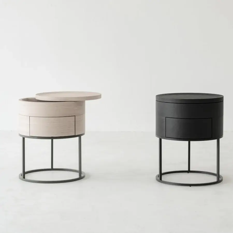 Distinguished Cierre1972 Alfi nightstand crafted in Italy with light-toned wood and sleek metal base exhibiting geometric form