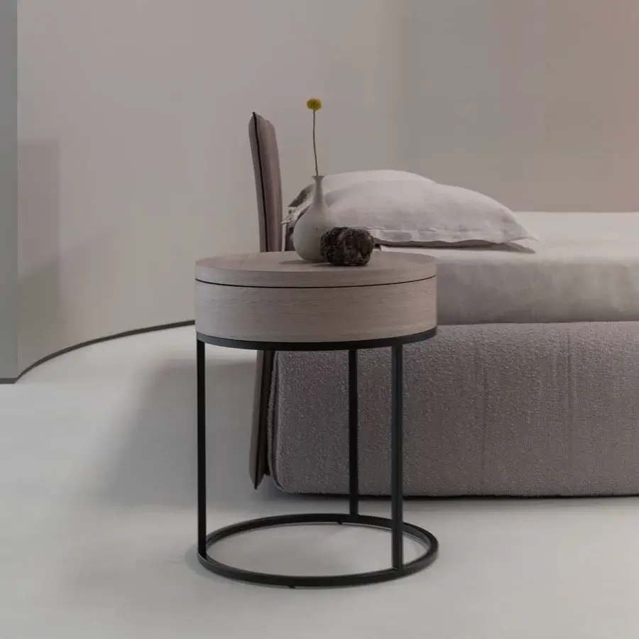 Superior Cierre1972 Alfi nightstand crafted in Italy with neutral wood and integrated drawer in matte finish
