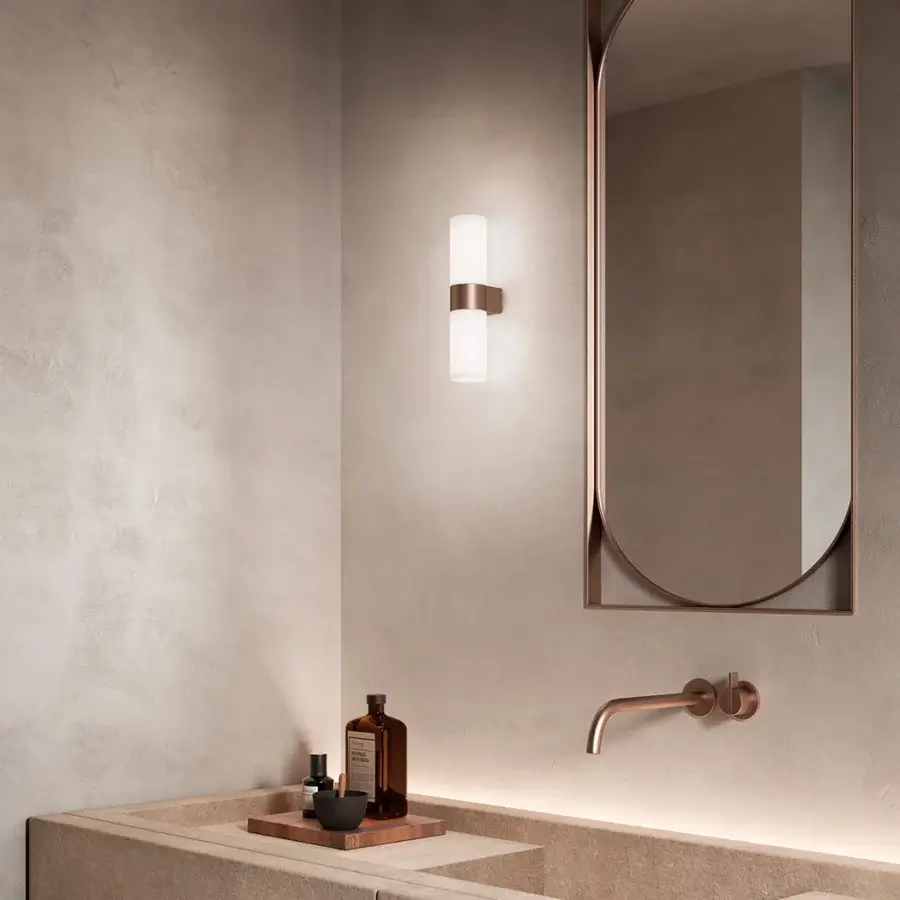Superior Kundalini Pastilla wall lamp crafted in painted metal with a pressed acid-etched white glass diffuser and copper band