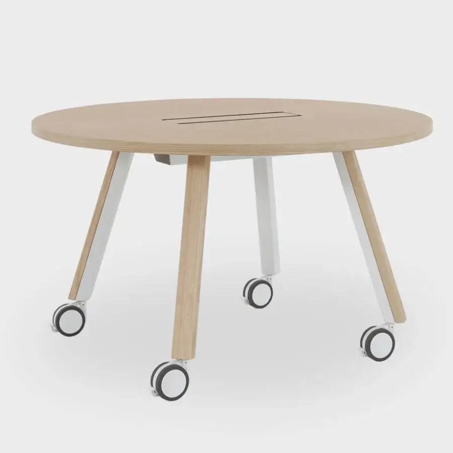 Distinguished Lapalma Ori workstation with a wood tabletop, bent powder-coated metal and solid ash wood legs with castors