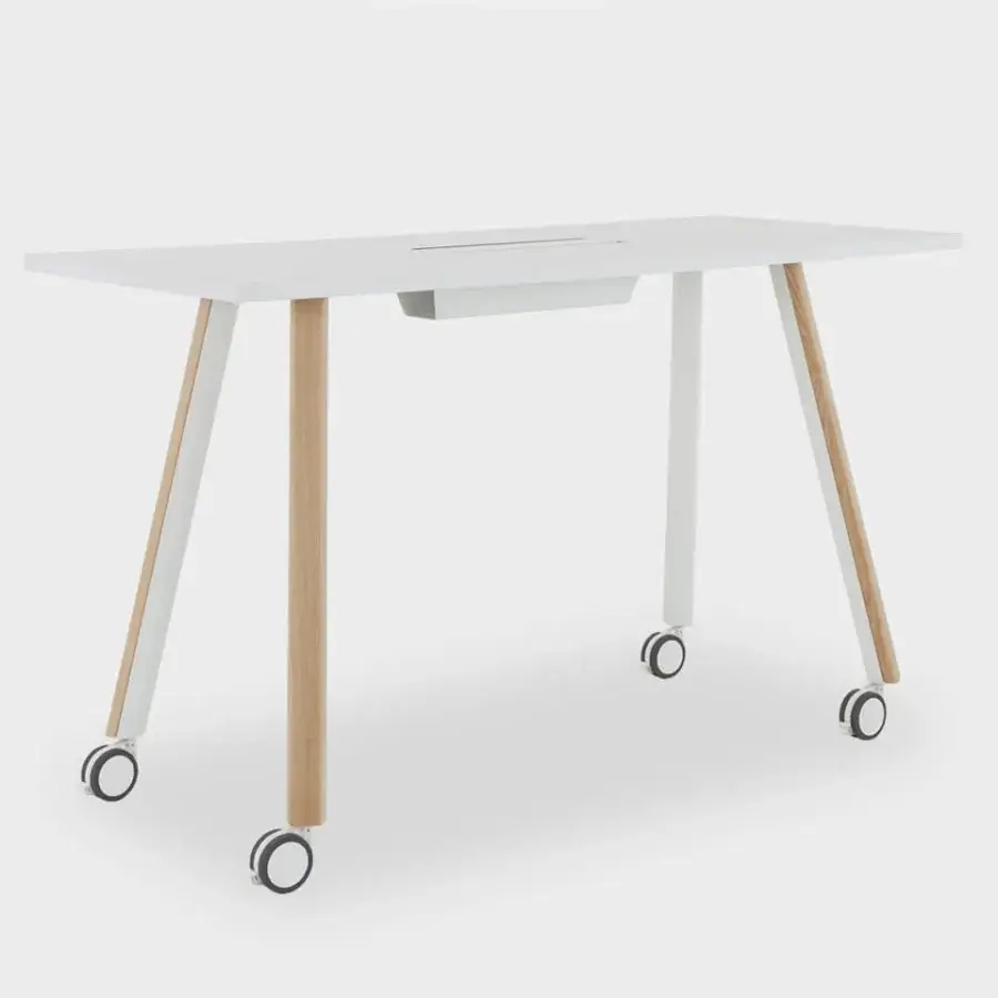 Exceptional Lapalma Ori workstation with a white HPL Fenix® top, bent powder-coated metal and solid ash wood legs with castors