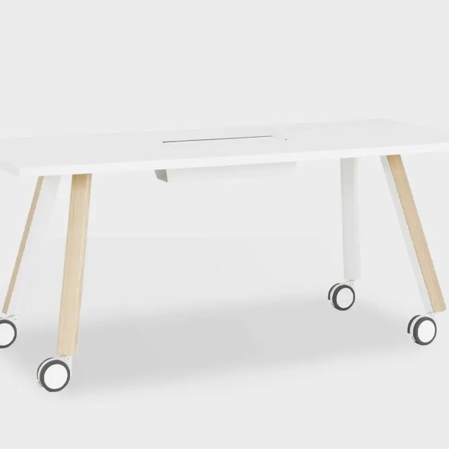 Elegant Lapalma Ori workstation with a wood or HPL Fenix® top, slanted legs crafted in bent powder-coated metal and ash wood
