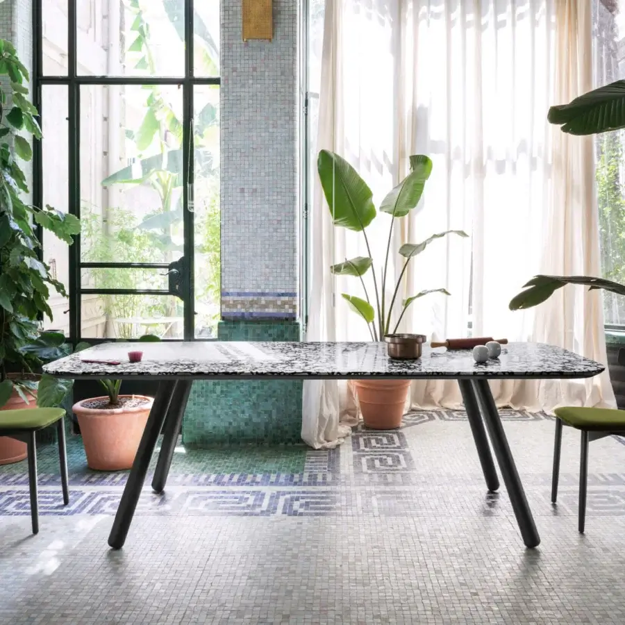 Distinguished Miniforms Pixie table with speckled black and white top and matte black angled wooden legs