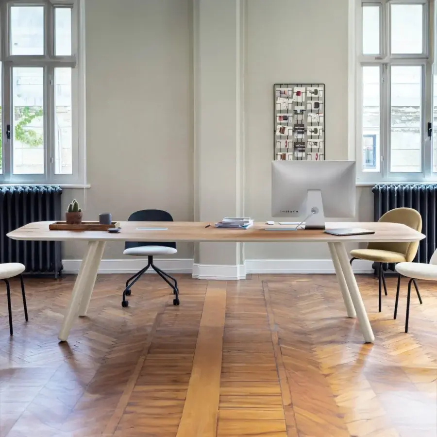 Exceptional Miniforms Pixie table crafted in Italy with natural wood tone and angled off-white matte legs