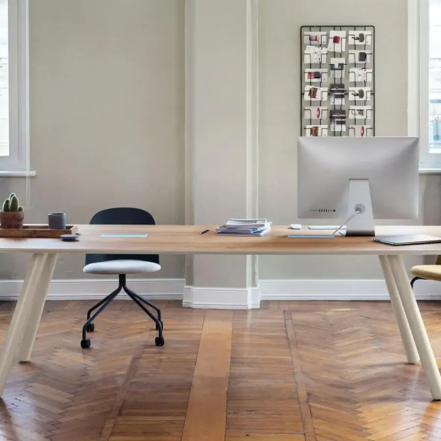 Elegant Miniforms Pixie table crafted in Italy with a light-brown wooden tabletop and smooth matte off-white angled legs