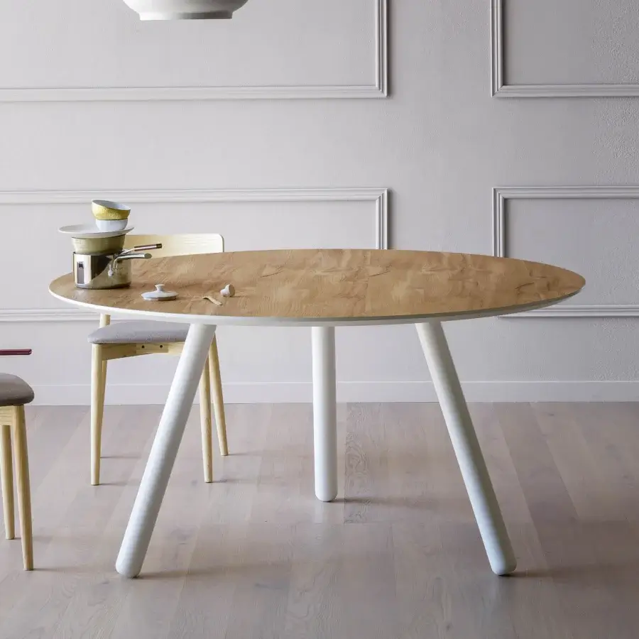 Exceptional Miniforms Pixie table crafted with a light wood grain tabletop and clean white angled cylindrical legs