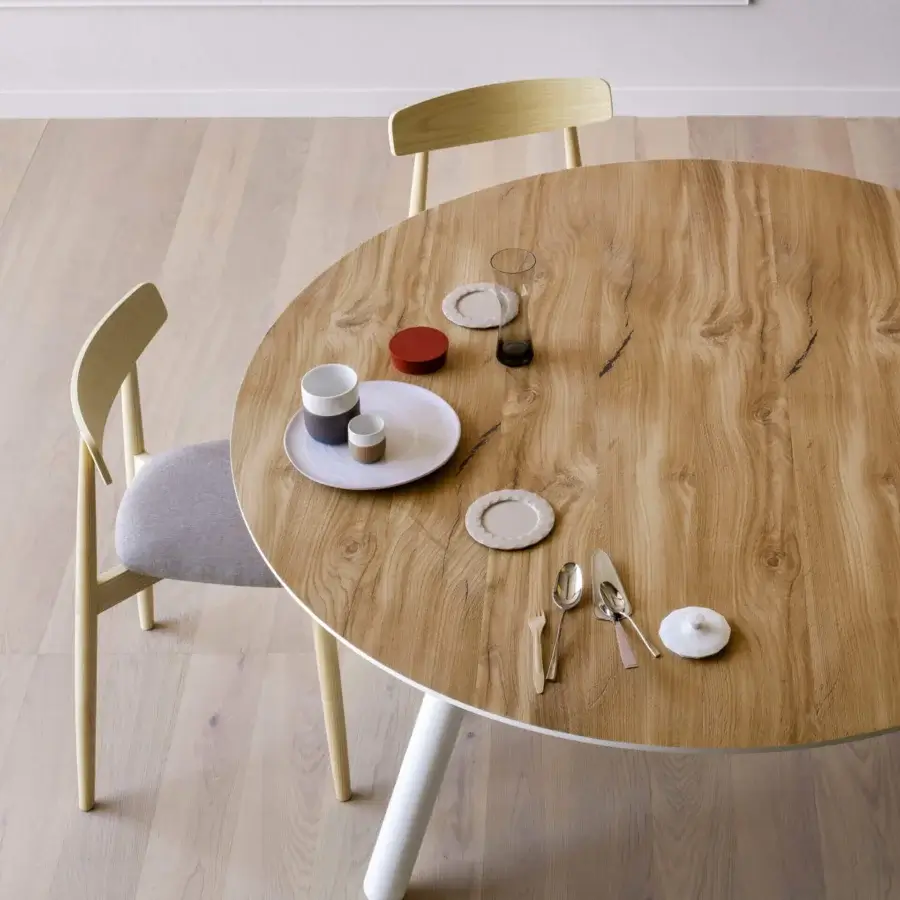 Superior Miniforms Pixie table crafted with a light-brown wood-grain top and matte white leg