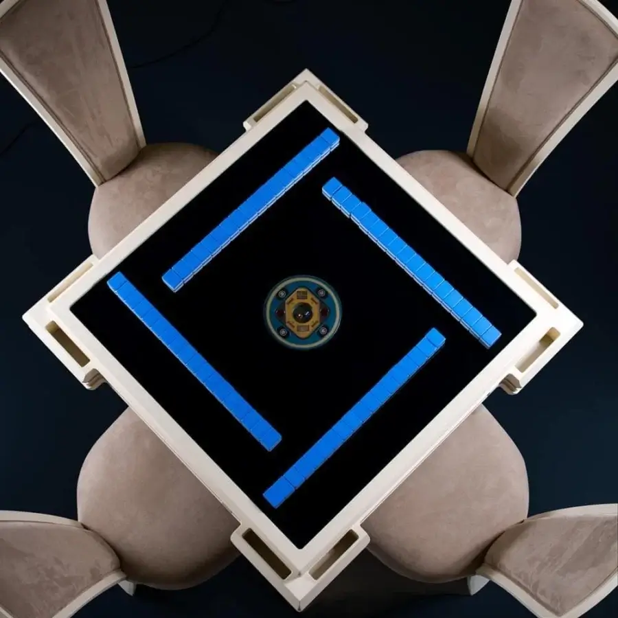 Distinguished Vismara Ming Mahjong table crafted with lacquered structure and steel details, including a black velvet playing surface with blue racks