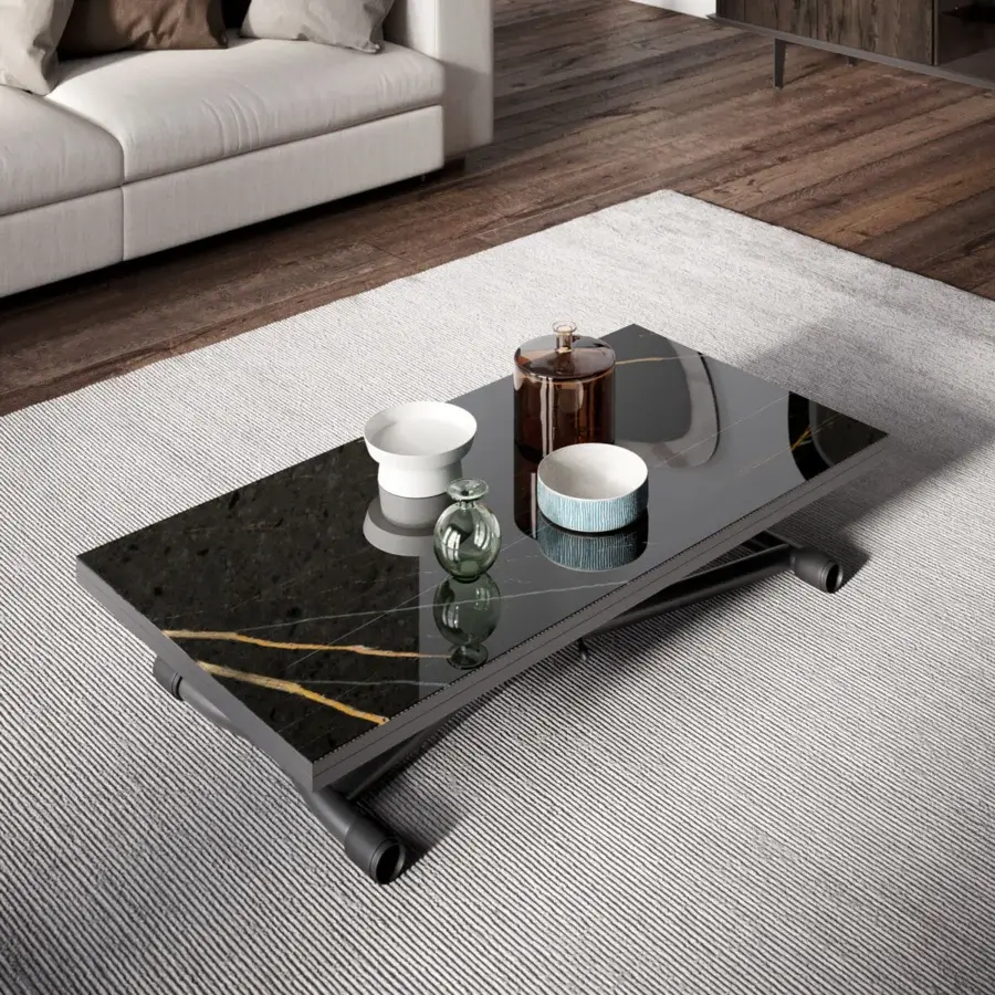 Superior Ozzio Italia Sydney transformable table with glossy Marble Glass doubling top and dark gray metal frame