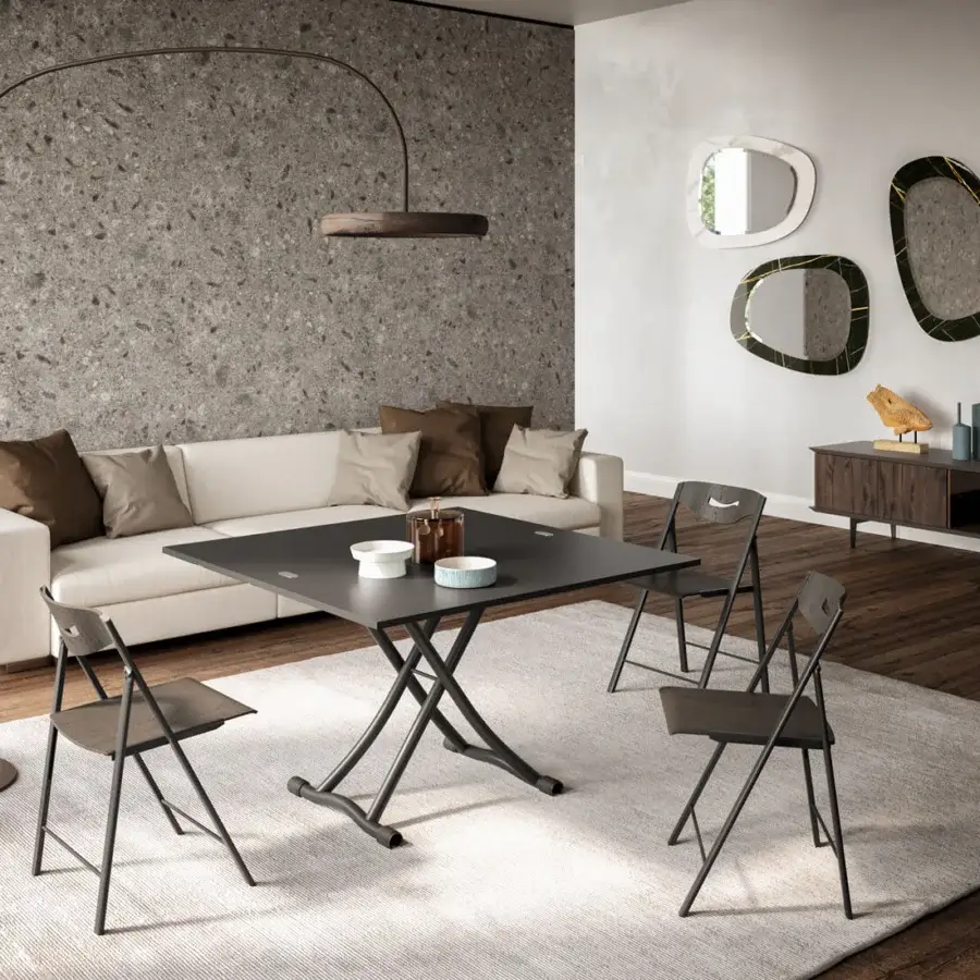 Distinguished Ozzio Italia Sydney transformable table with metal base and eco wood, glass or Marble Glass doubling top in dark matte finish