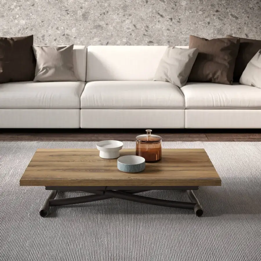Elegant Ozzio Italia Sydney transformable table with folding eco wood top and dark metal base crafted with castors in a matte finish