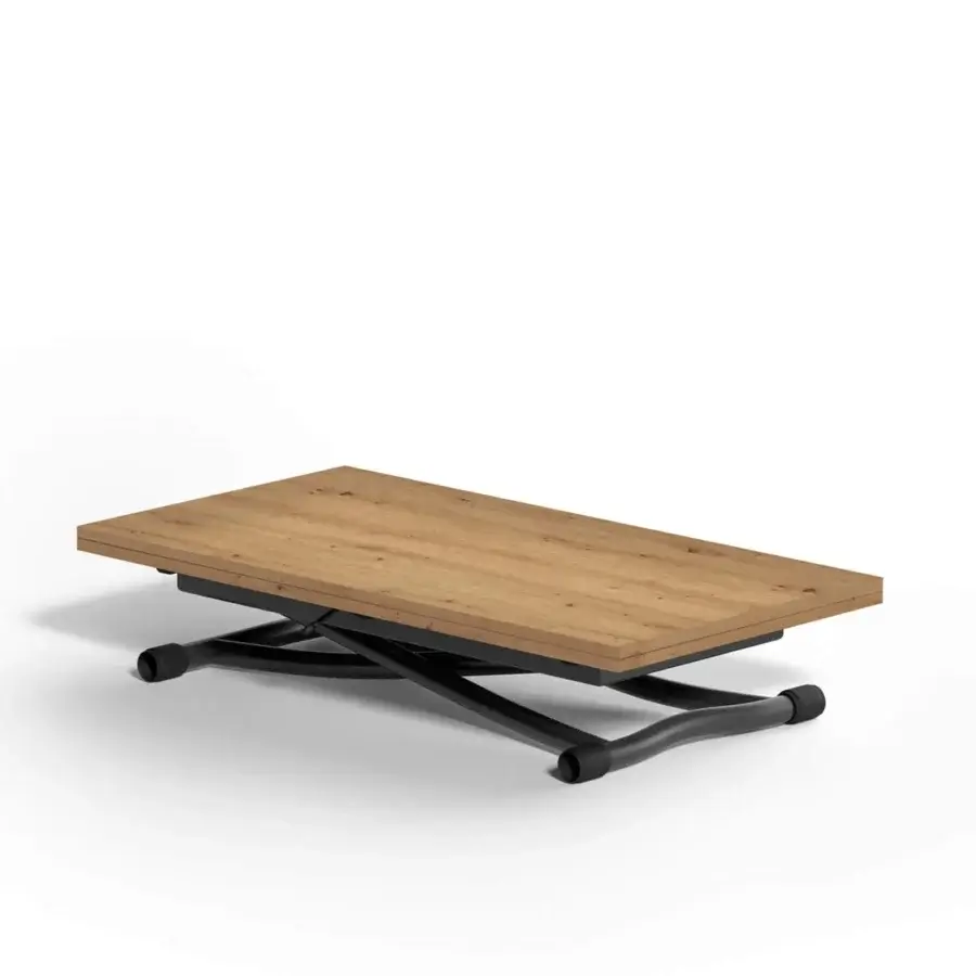 Exceptional Ozzio Italia Sydney transformable table with light brown eco-wood doubling top and black metal scissor base in matte finish