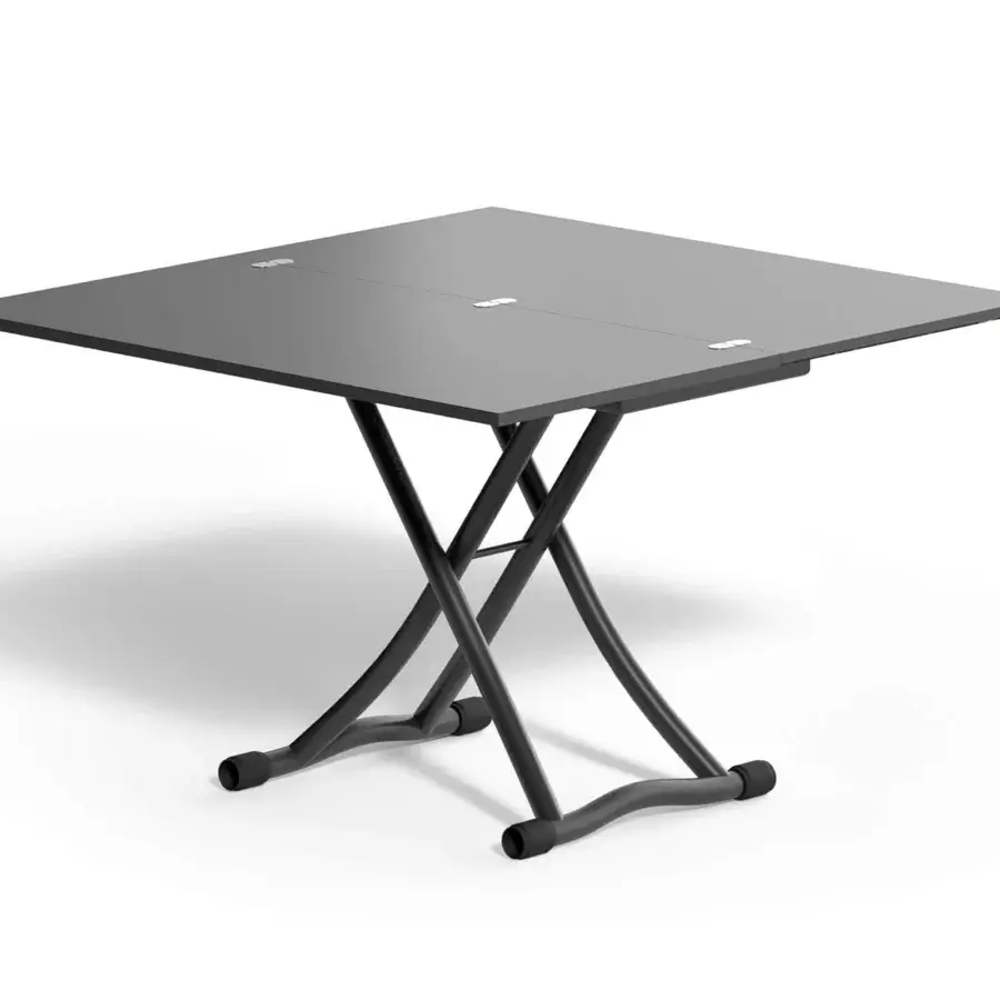 Distinguished Ozzio Italia Sydney transformable table with matte gray Marble Glass doubling top and black metal cross-braced base