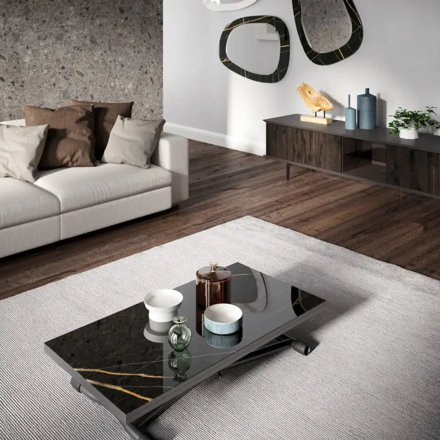 Elegant Ozzio Italia Sydney transformable table with dark Marble Glass doubling top and sleek metal structure