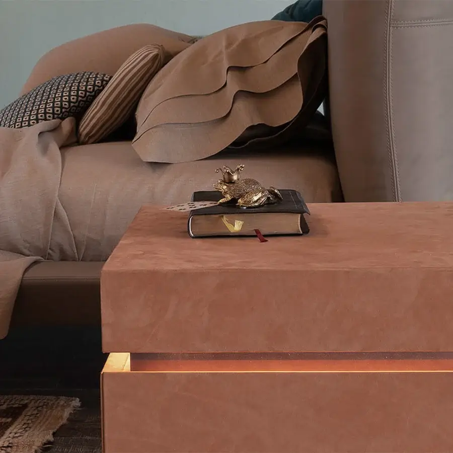 Exceptional Cierre1972 Sun nightstand crafted in leather with warm brown suede-like texture and touch lighting