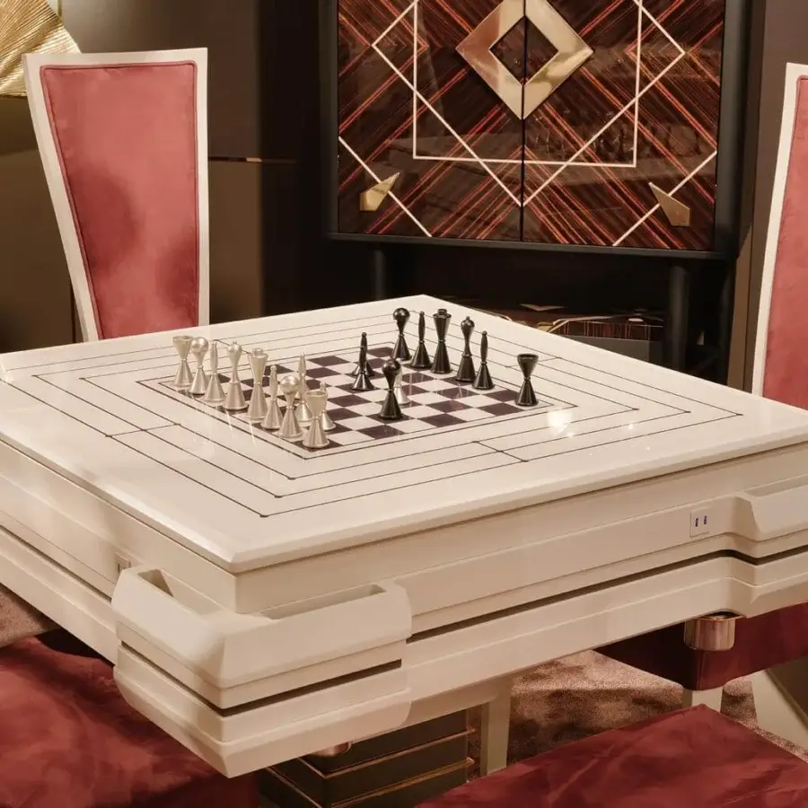 Distinguished Vismara Ming Mahjong table crafted with a glossy lacquered structure and steel accents, including a dark game board