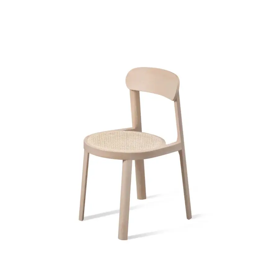 Elegant Miniforms Brulla chair, a stackable seat with curved lines, straight legs and woven cane construction in light beige or natural wood