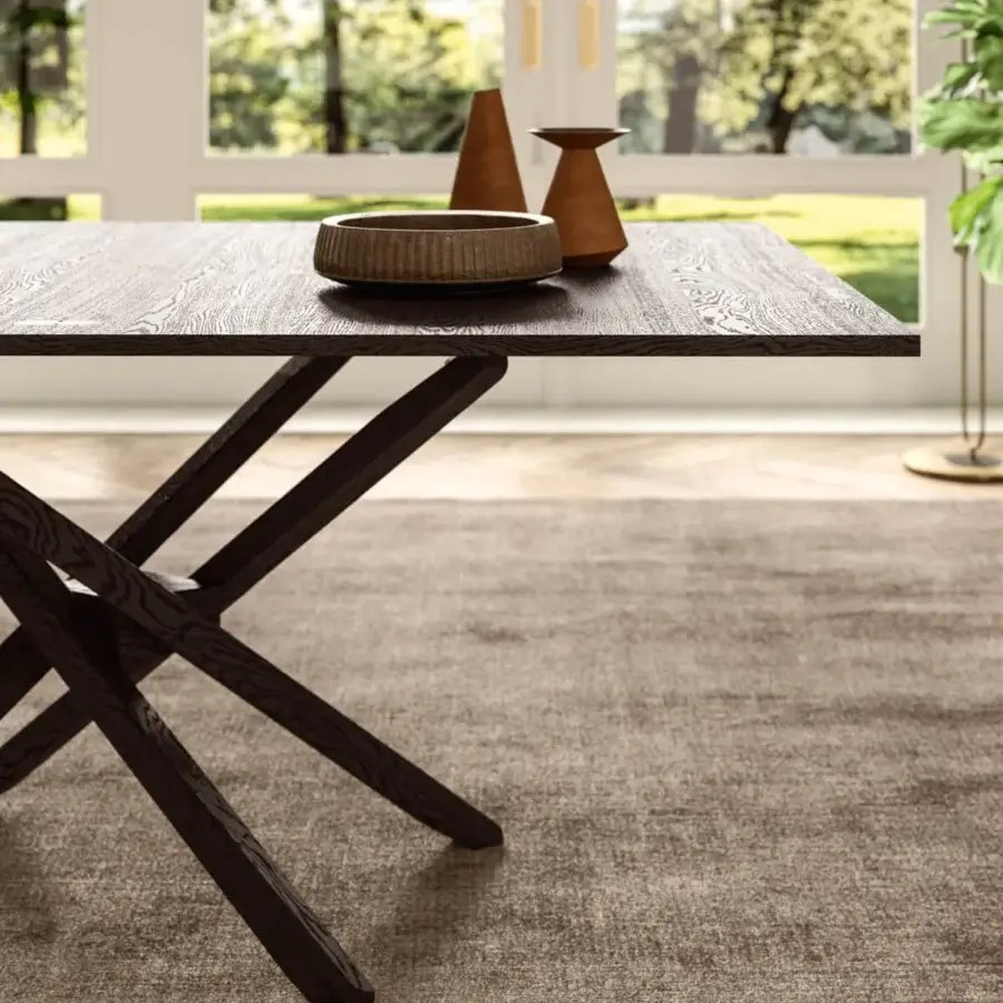 Superior Ozzio Italia Su&Giù table, a transformable piece built with dark brown wood showcasing visible grain and adjustable base