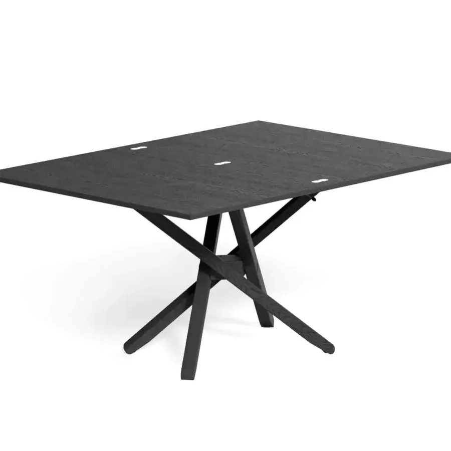 Superior Ozzio Italia Su&Giù transformable coffee table built in wood with a dark matte finish and height-adjustable crossed base