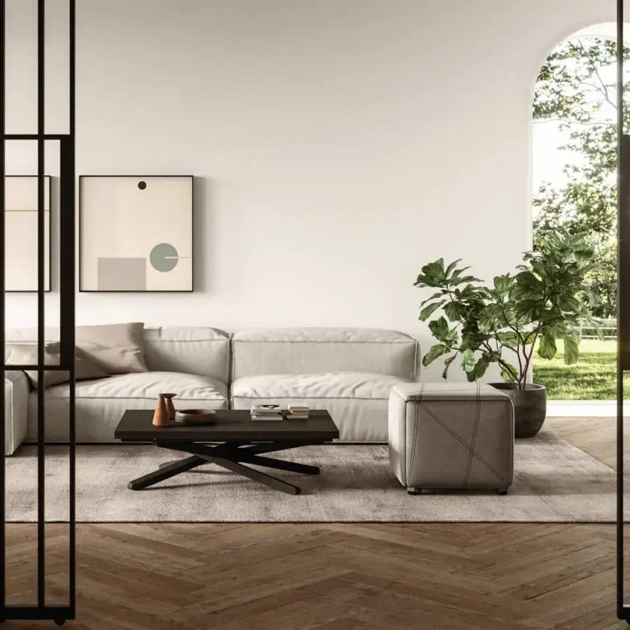 Exceptional Ozzio Italia Su&Giù transformable table built in dark-toned wood with a matte finish and geometric X base