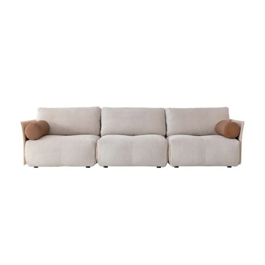 Lavish Cierre1972 Tab sofa with light beige fabric and tan leather, exhibiting raw cut edges and soft padding