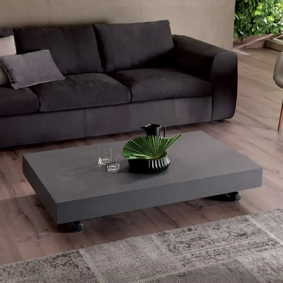Distinguished Ozzio Italia Newood transformable coffee table with dark gray concrete top and minimalist finish