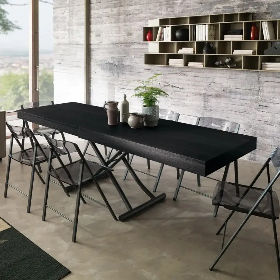 Innovative Ozzio Italia Newood transformable coffee table in dark matte wood with crossing metal support frames