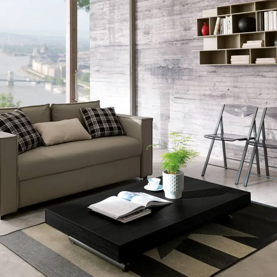 Superior Ozzio Italia Newood transformable coffee table in dark wood with concealed extensions exhibiting minimalist elegance