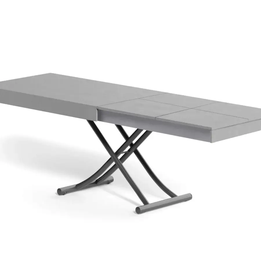 Superior Ozzio Italia Newood transformable table with concrete-like tabletop and dark gray metal base in matte gray finish