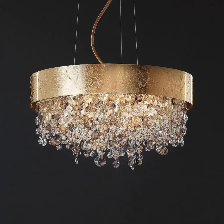 Lavish Masiero Olà Round suspension lamp with gold leaf frame and amber coated Italian glass pendants