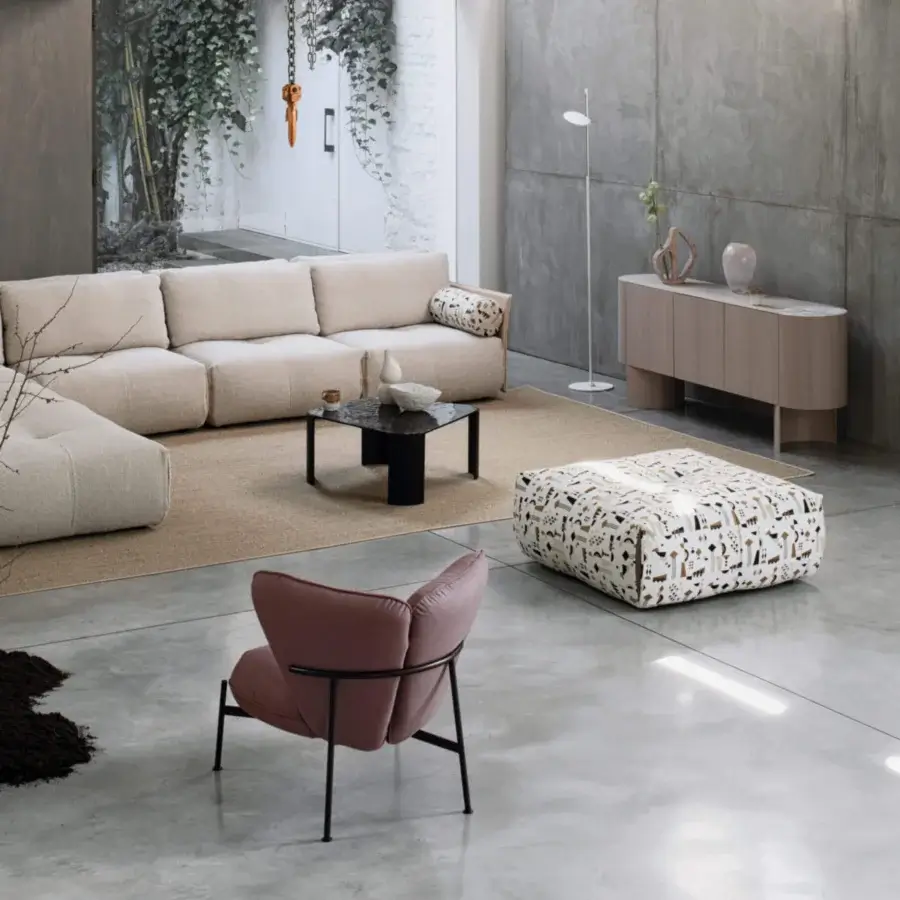 Elegant Cierre1972 Tab sectional raw edges upholstered in light beige textured textile with structured frame