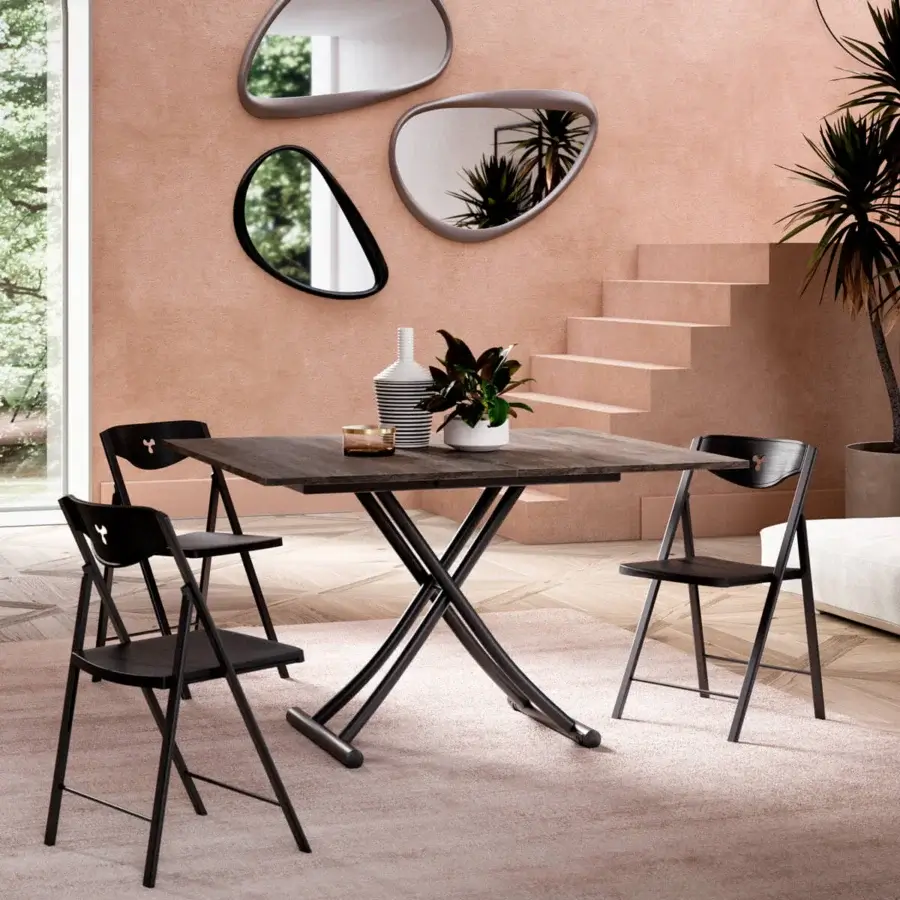 Superior Ozzio Italia Mondial transformable coffee table with dark Eco Wood tabletop and sleek metal X-shaped base