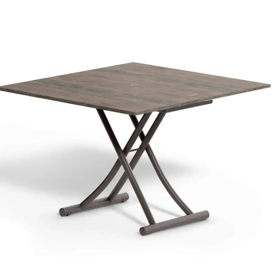 Distinguished Ozzio Italia Mondial transformable coffee table with adjustable Eco Wood top and dark bronze metal structure built with castors