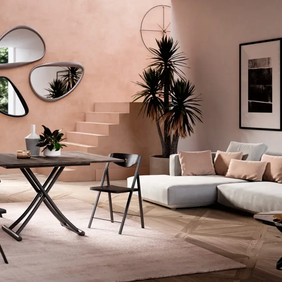 Innovative Ozzio Italia Mondial transformable coffee table with dark matte Eco Wood top and x-shaped metal support base