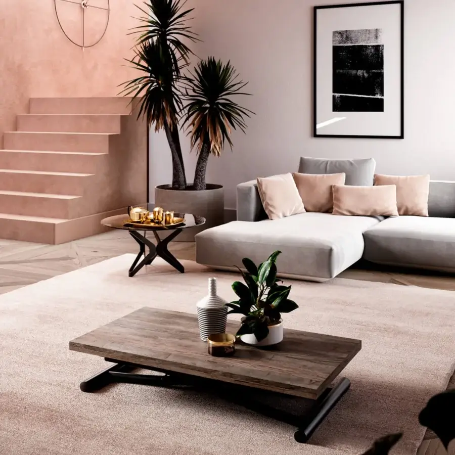 Superior Ozzio Italia Mondial transformable table with doubling Eco Wood top and sleek black metal base crafted in Italy