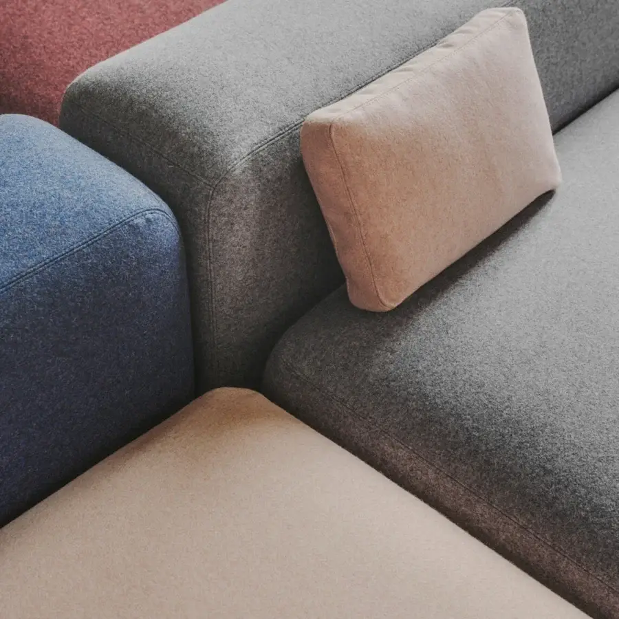 Lavish Lapalma Plus sectional crafted in Italy with felt-like fabric upholstery in muted pink, blue, gray, and beige tones