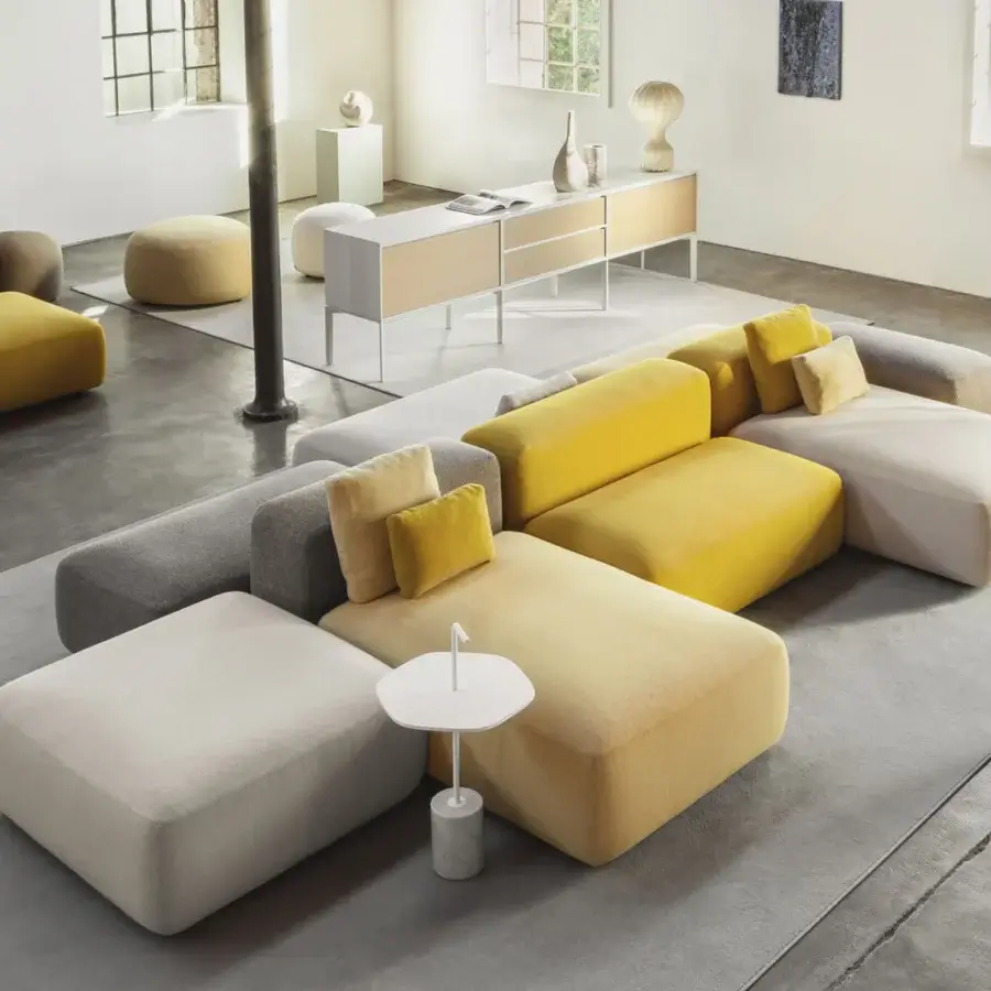 Distinguished Lapalma Plus sectional with modular design upholstered in soft-textured fabric with muted yellow, beige and gray tones