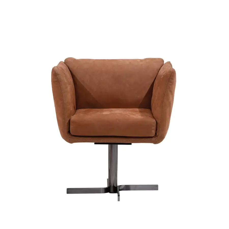 Exceptional Cierre1972 Mademoiselle swivel armchair upholstered in medium brown textile with a suede-like matte finish and dark-toned metal base