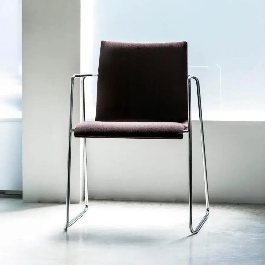 Distinguished Bross Bee armchair with dark brown upholstered seat and back built with a glossy metal frame