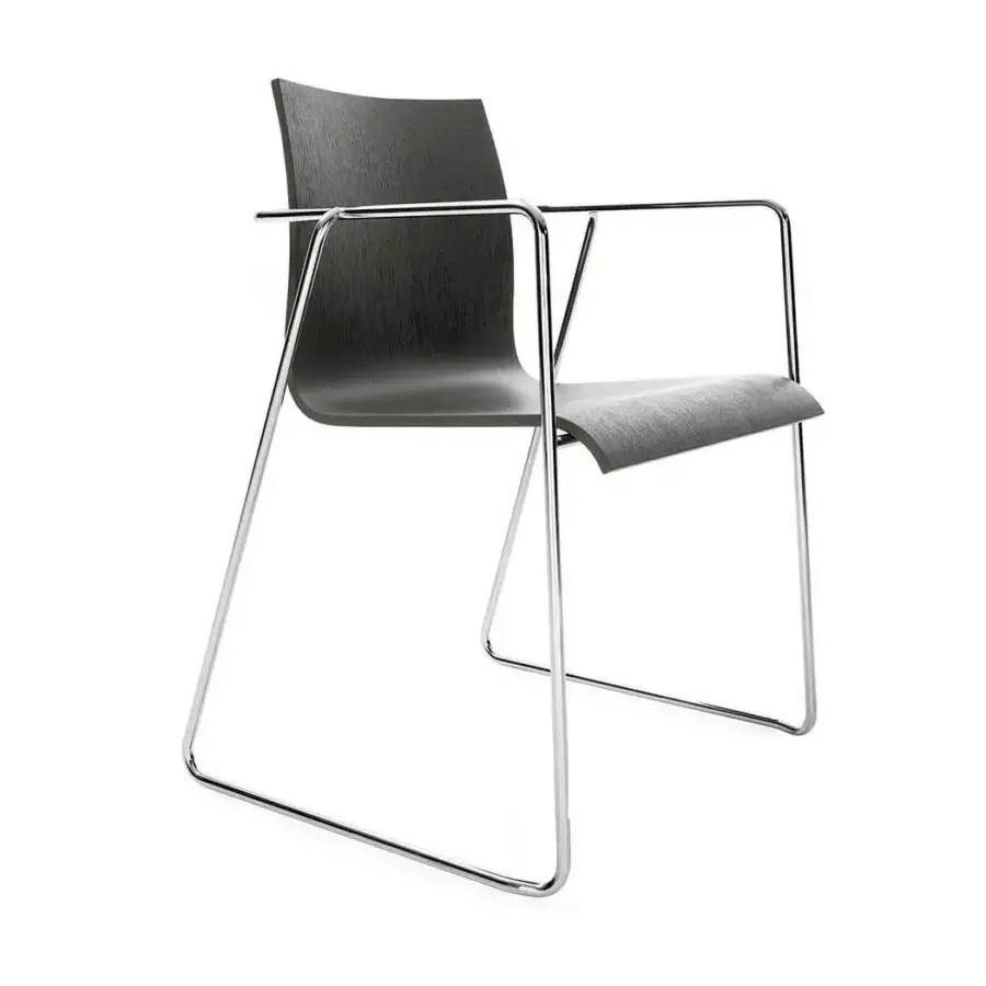 Superior Bross Bee armchair with dark gray wood seat and back built with a glossy chrome frame