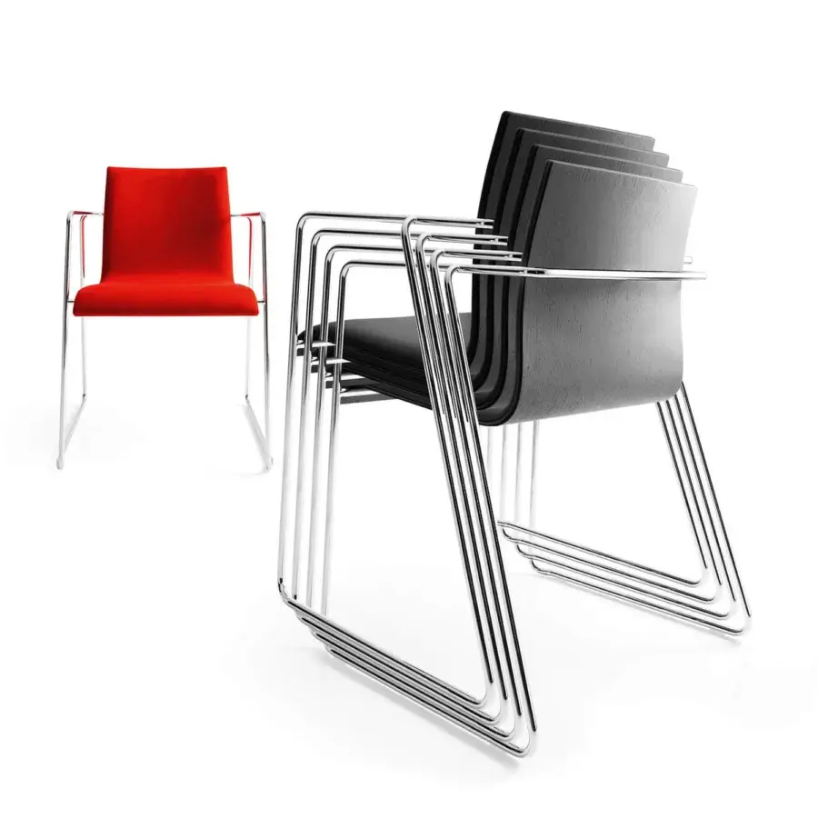Exceptional Bross Bee armchair with red upholstered seat and back in a sleek chrome-finished metal frame