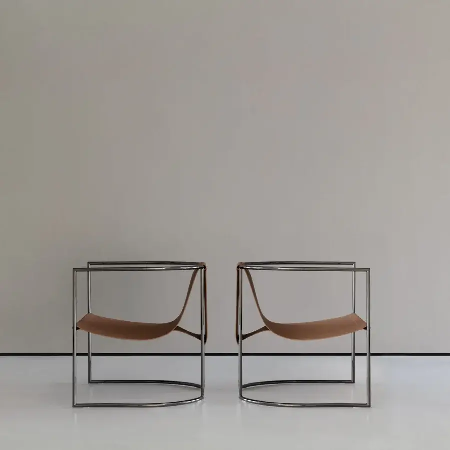 Superior Cierre1972 Jamiro lounge chair with light brown bonded leather and sleek geometric metal frame crafted with a “cuoio effect” finish