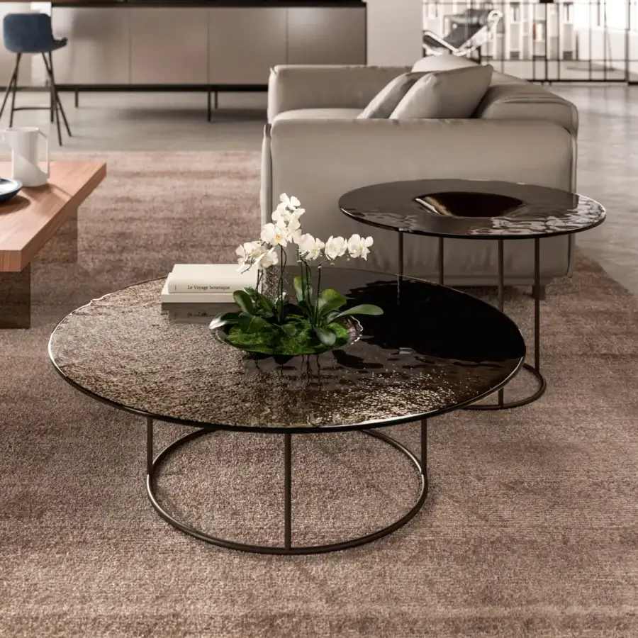 Architectural Ozzio Italia Moved coffee table with frosted glass in mottled brown tones and dark finished metal base
