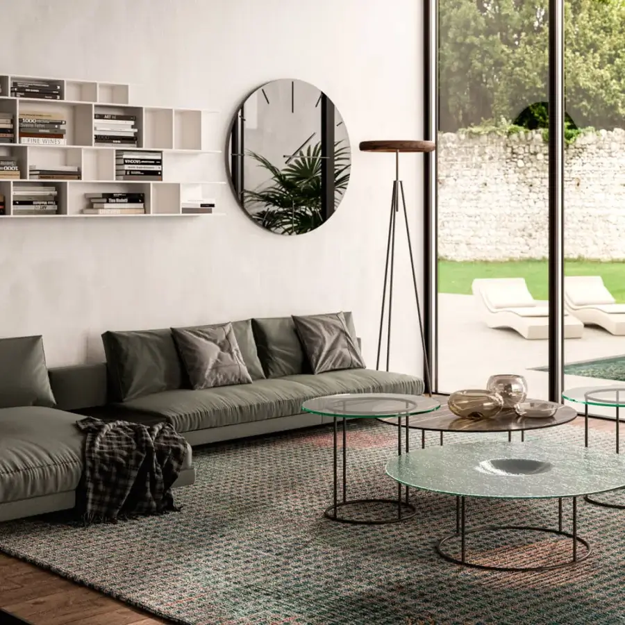 Superior Ozzio Italia Moved coffee table with frosted transparent glass and dark metal base exhibiting a concave center